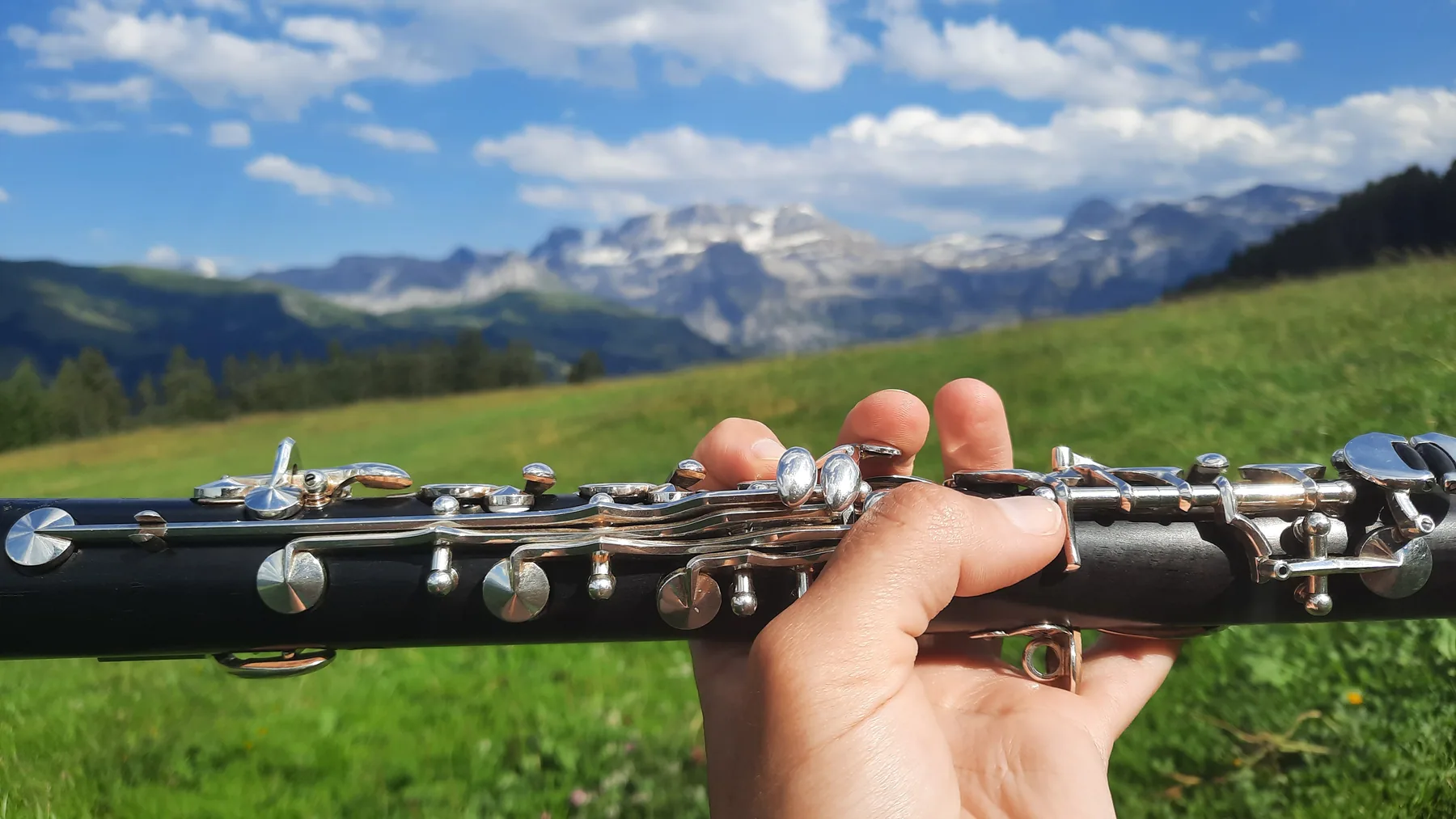 Klarinette in der Hand vor einer Almwiese und Bergpanorama