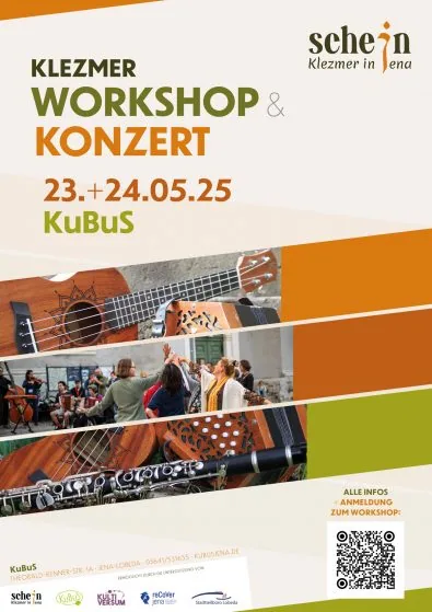 Plakat „Schejn – Klezmer-Workshop & Konzert“, 23. und 24.05.25, KuBuS