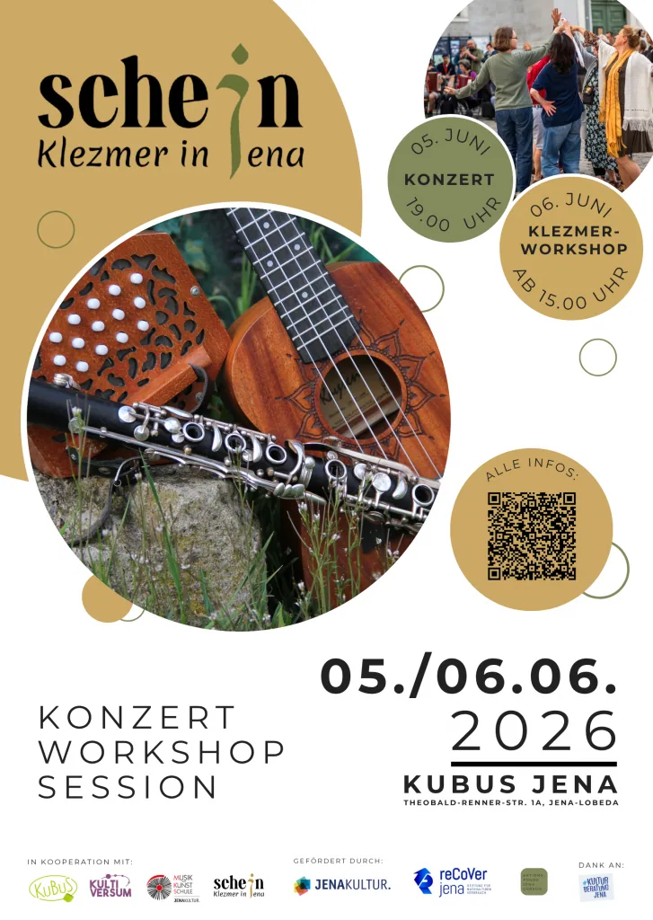 Plakat „Schejn – Klezmer in Jena“: Konzert, Workshop, Session am 05./06.06.2026 im KuBuS Jena