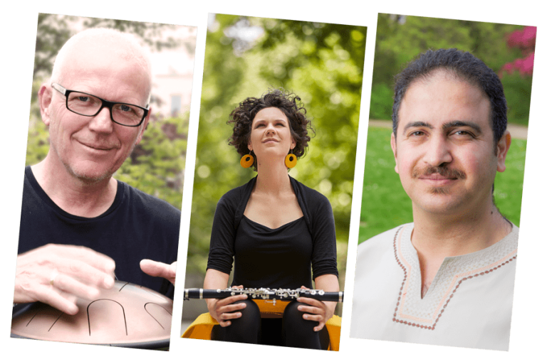 Collage aus drei Porträts von Antjes Weltempfänger: Conny Sommer, Antje Taubert mit Klarinette und Ali Pirabi