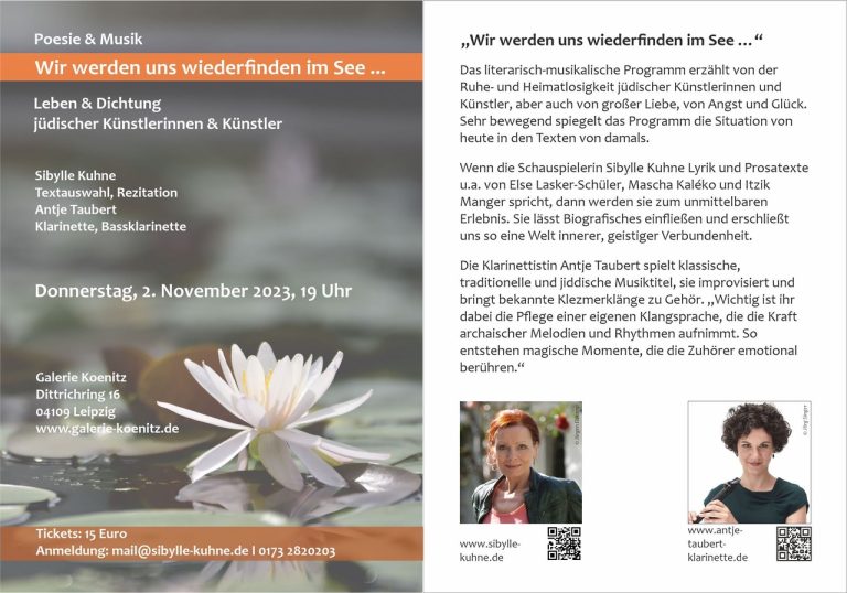 Programmkarte „Wir werden uns wiederfinden im See …“, Poesie und Musik mit Sibylle Kuhne und Antje Taubert, 2. November 2023, Galerie Koenitz Leipzig