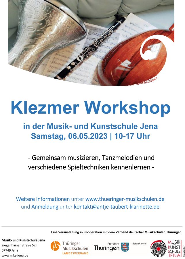 Plakat „Klezmer Workshop“ in der Musik- und Kunstschule Jena, Samstag, 06.05.2023, 10 bis 17 Uhr